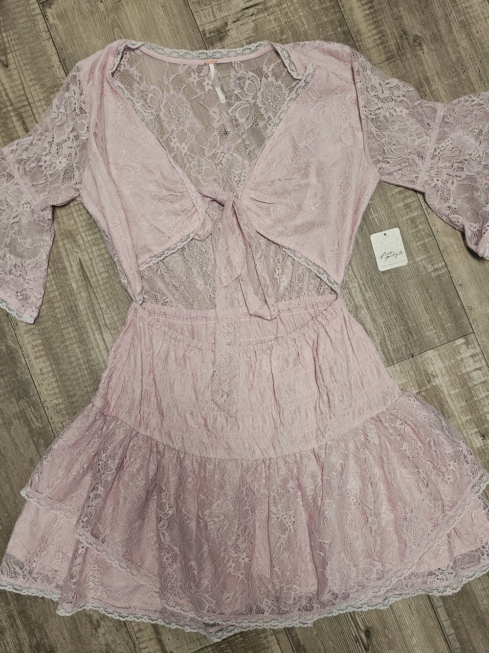 🌸 Free People Blush Pink Lace Cutout Tie-Front Dress 🌸